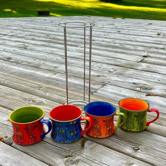 4 Pier 1 Owl Stacking Mugs In A Rack - Picture 2 of 15